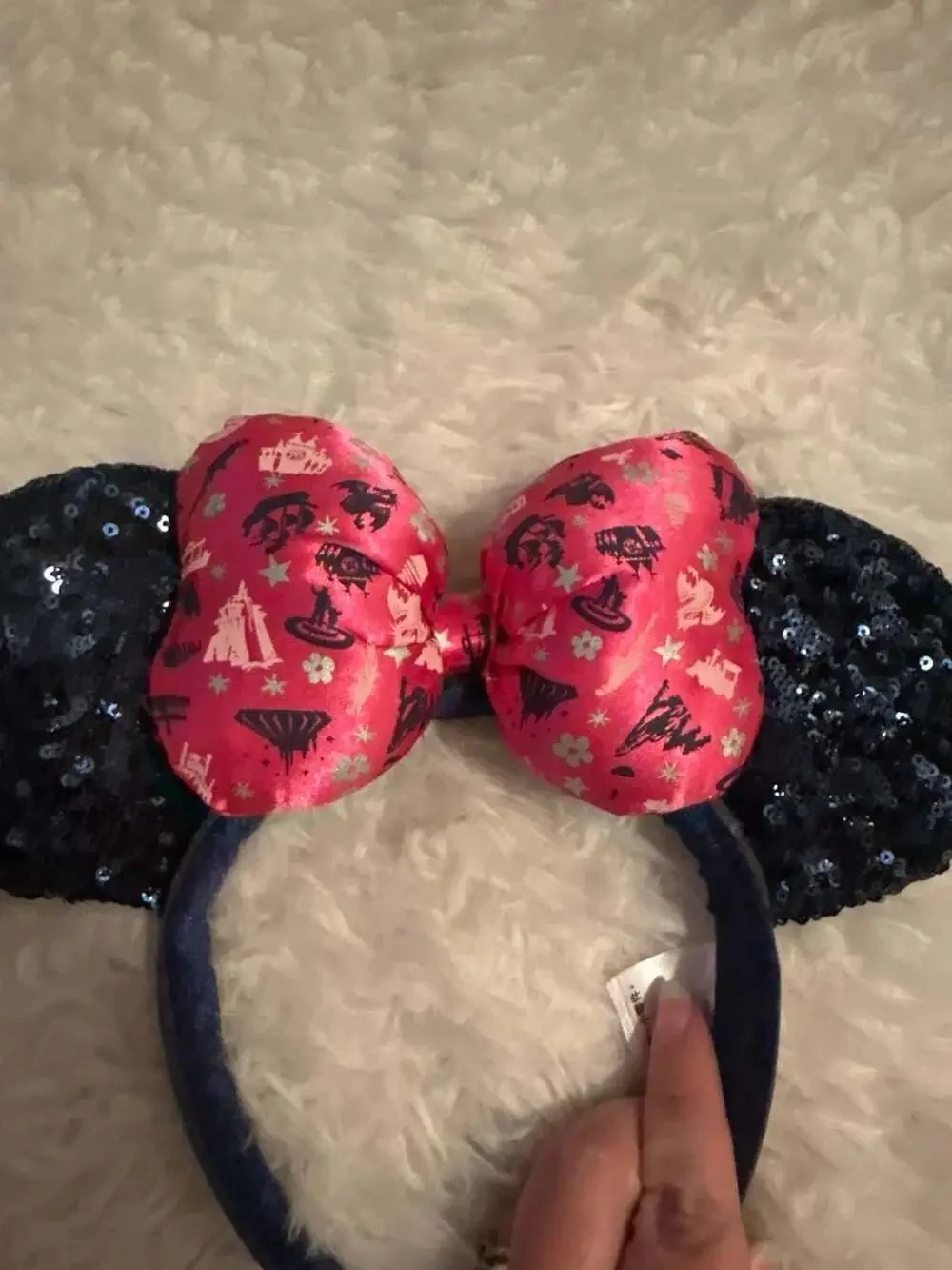 Disney Parks 2019 Minnie Mouse Navy Blue Sequin Ear Headband with Pink Castle Bo